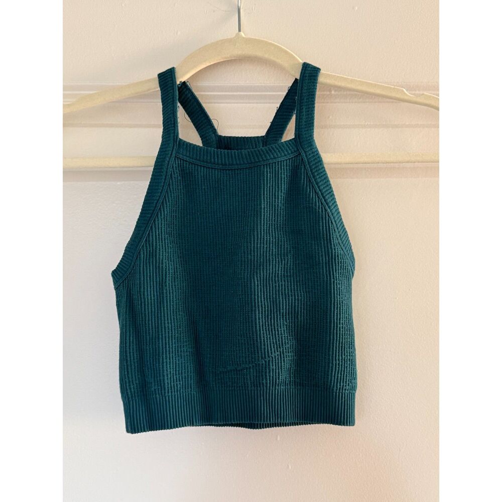 Fabletics Workout Sports Bra Top Size XS Aqua Teal Low Support Halter Neck GUC